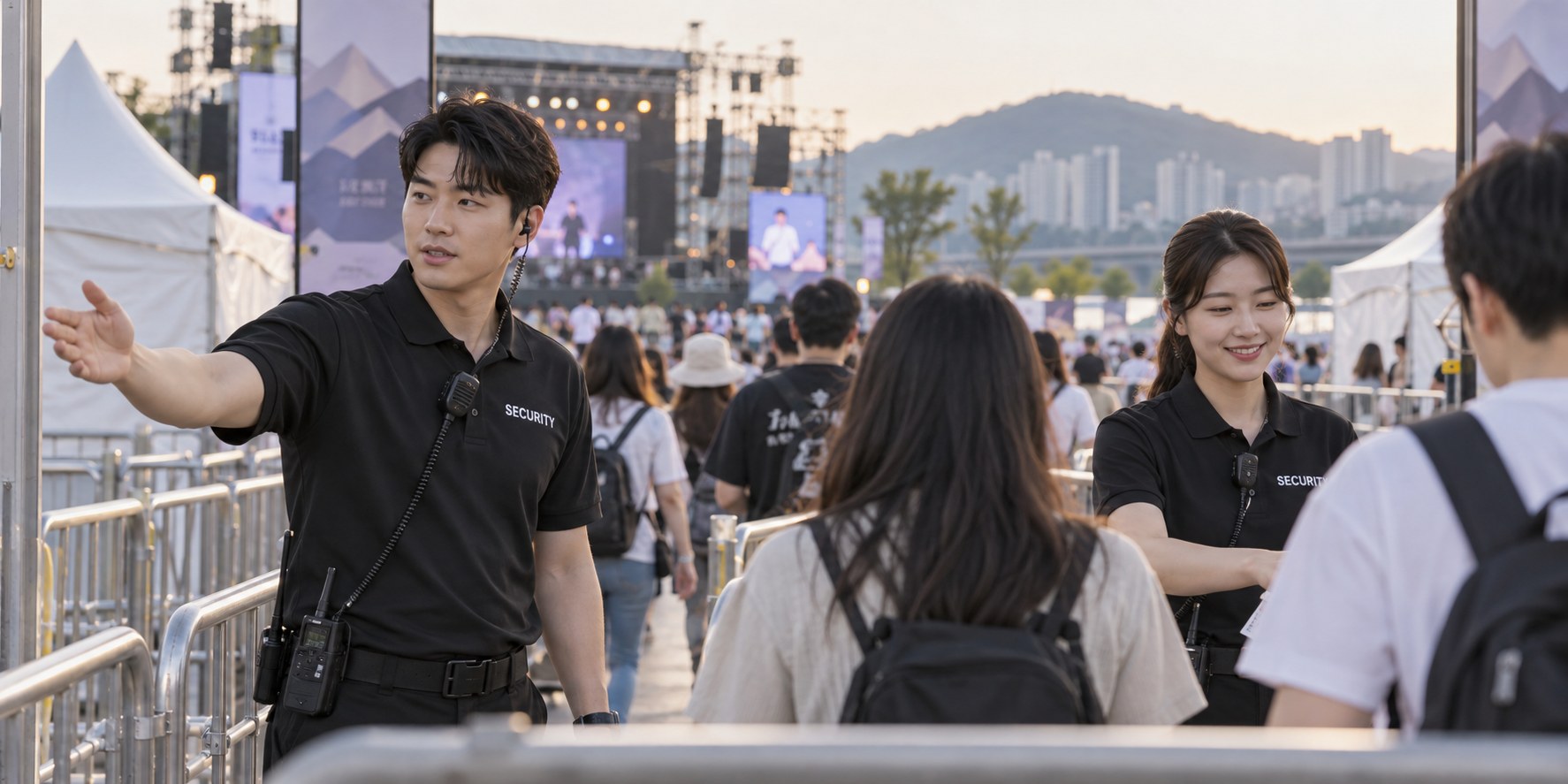 행사장 입구에서 참가자 동선을 안내하는 한국인 운영 스태프 — AI 홍보 이미지