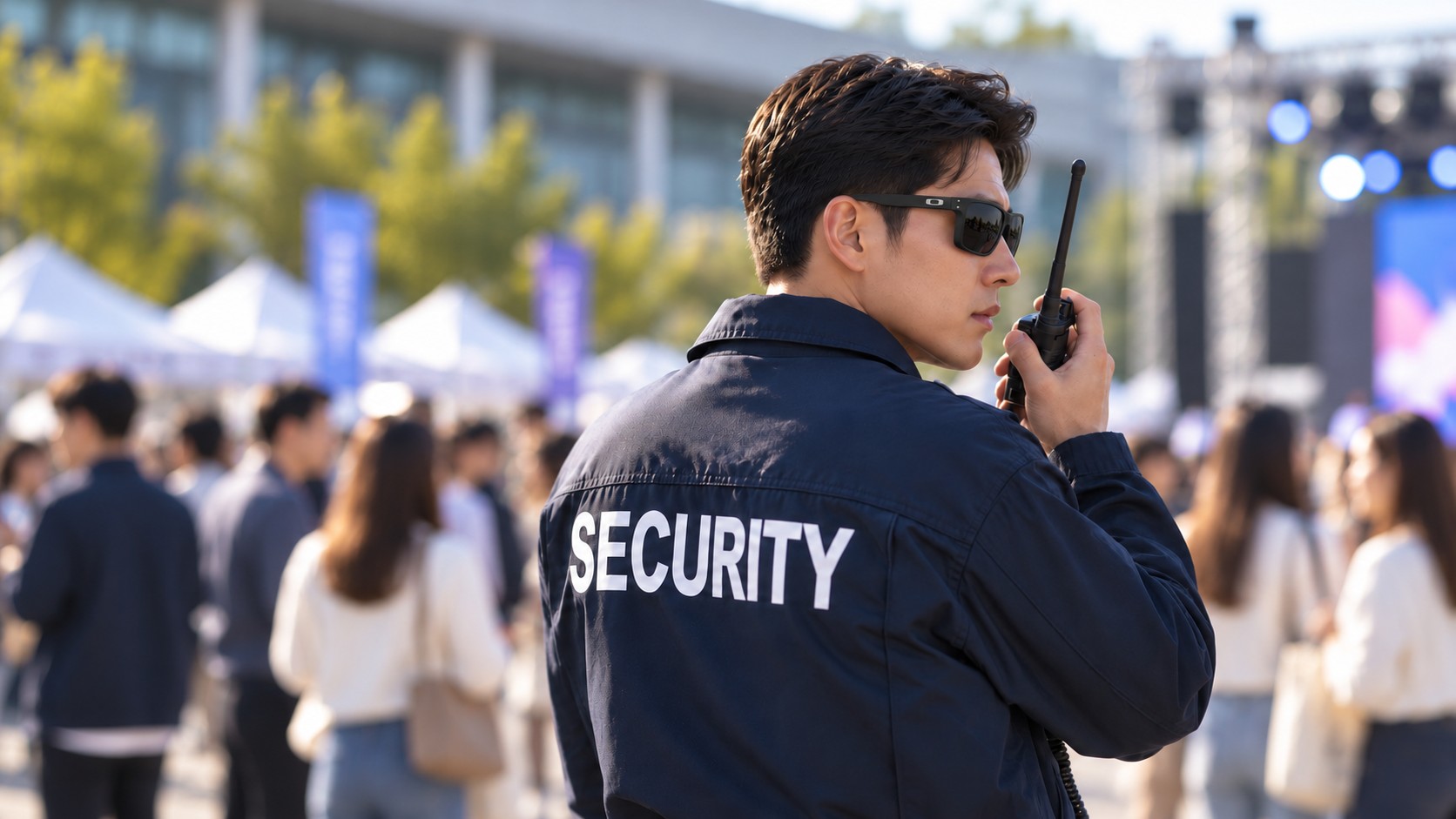 야외 행사장에서 무전 연락하는 한국인 경호요원 — AI 홍보 이미지